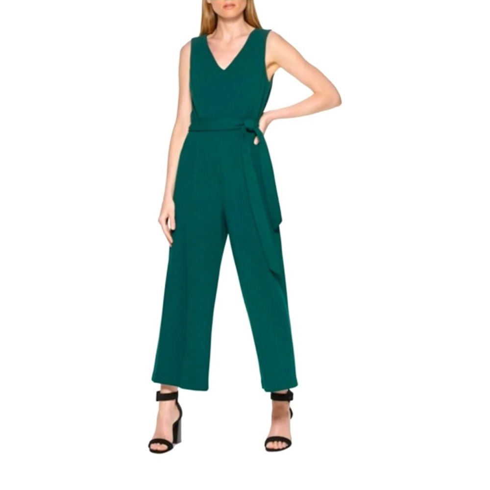 Calvin Klein Sleeveless Wide Leg Jumpsuit | Green, V-Neck, Tie belt, Crepe Sz 14
